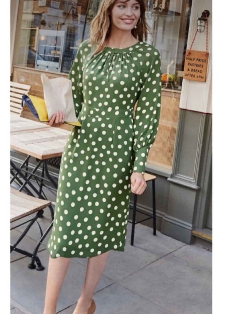 Boden Green and White Polka Dot Long-Sleeve Midi Dress